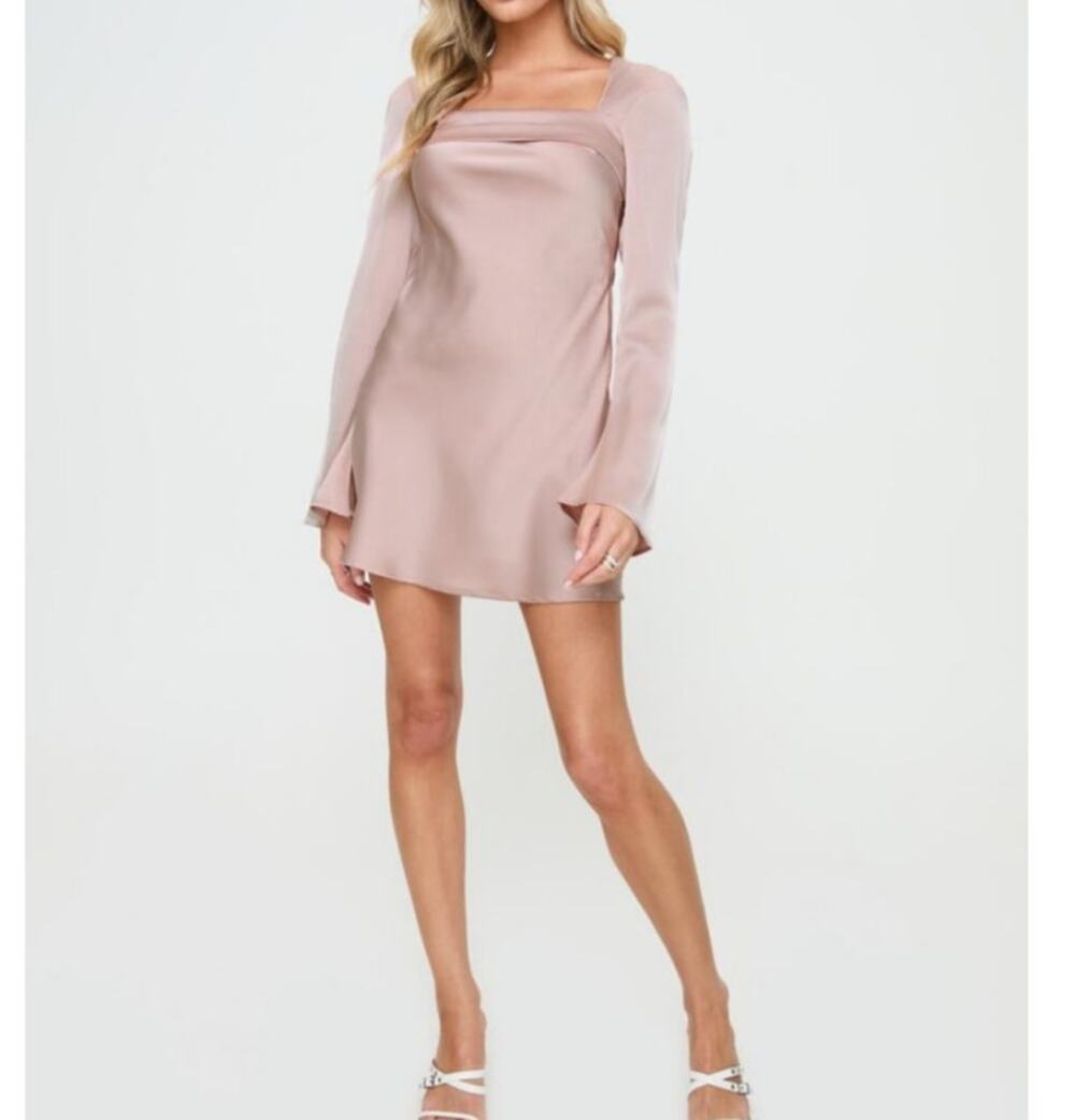 NWT Princess Polly Pink Satin Mini Dress Size 6 Long Sleeve Square Neck